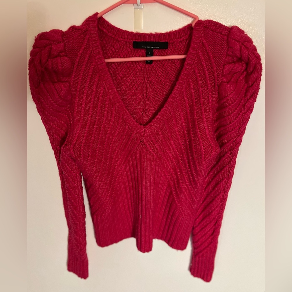 V-Neck Puff Sleeve Cable Pullover Sweater